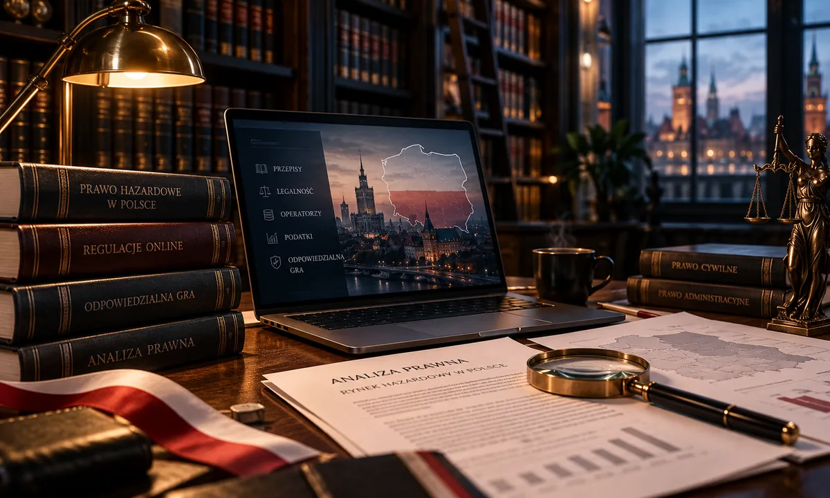 Redakcyjna ilustracja analizy prawnej rynku hazardu online w Polsce z dokumentami i laptopem.
