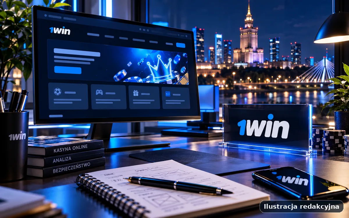 Ilustracja redakcyjna widoku desktop poświęcona marce 1win z neutralnym układem interfejsu i kontekstem analitycznym.