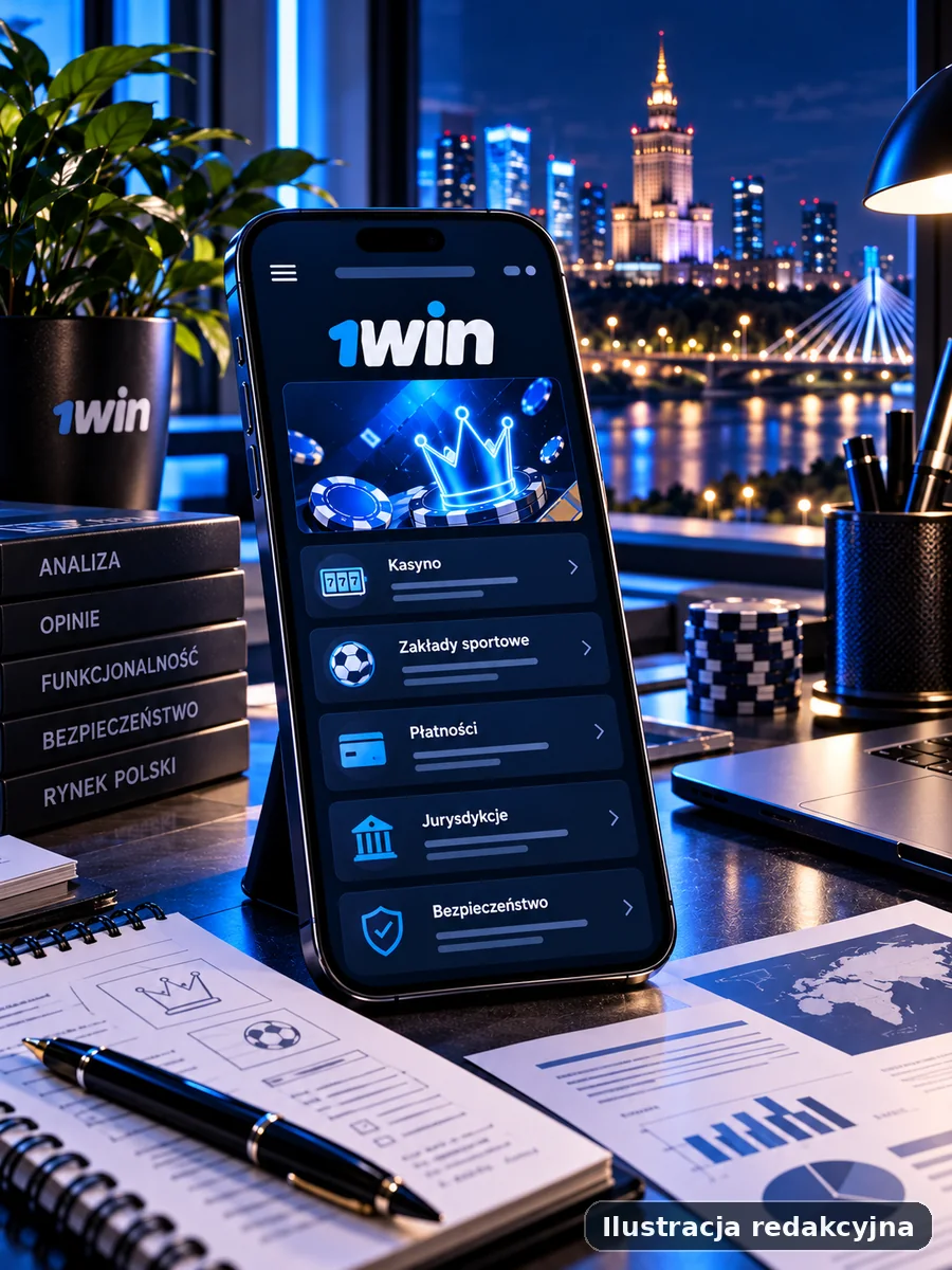 Ilustracja redakcyjna mobilnego widoku dotyczącego marki 1win na smartfonie, bez użycia prawdziwego zrzutu ekranu.