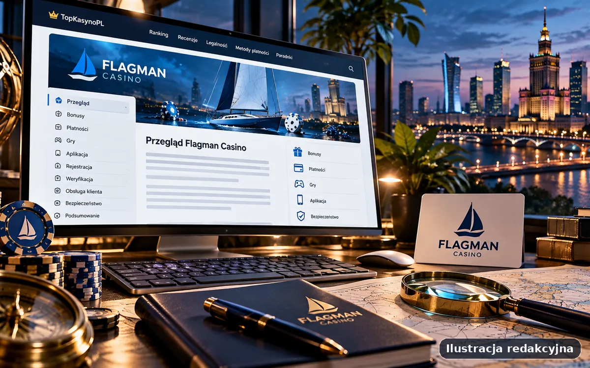 Ilustracja redakcyjna widoku desktop poświęcona marce Flagman Casino z neutralnym układem interfejsu i kontekstem analitycznym.