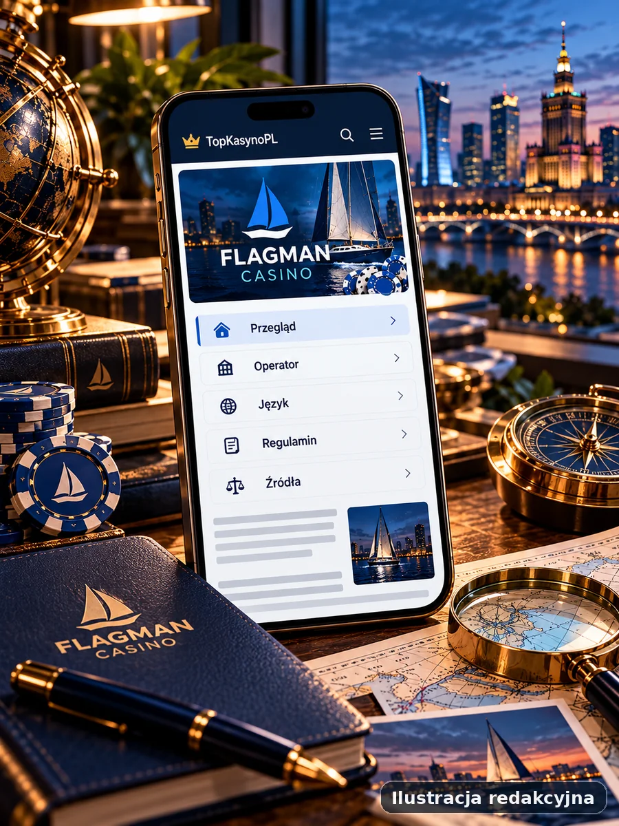 Ilustracja redakcyjna mobilnego widoku dotyczącego marki Flagman Casino na smartfonie, bez użycia prawdziwego zrzutu ekranu.