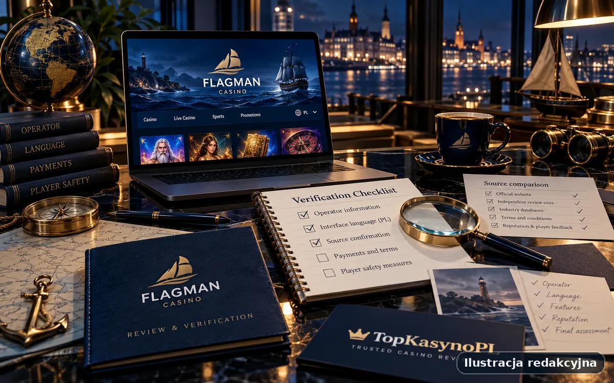 Ilustracja procesu weryfikacji informacji o Flagman Casino z checklistą źródeł, płatności i warunków.