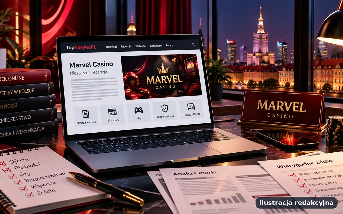 Ilustracja redakcyjna widoku desktop poświęcona marce Marvel Casino z neutralnym układem interfejsu i kontekstem analitycznym.