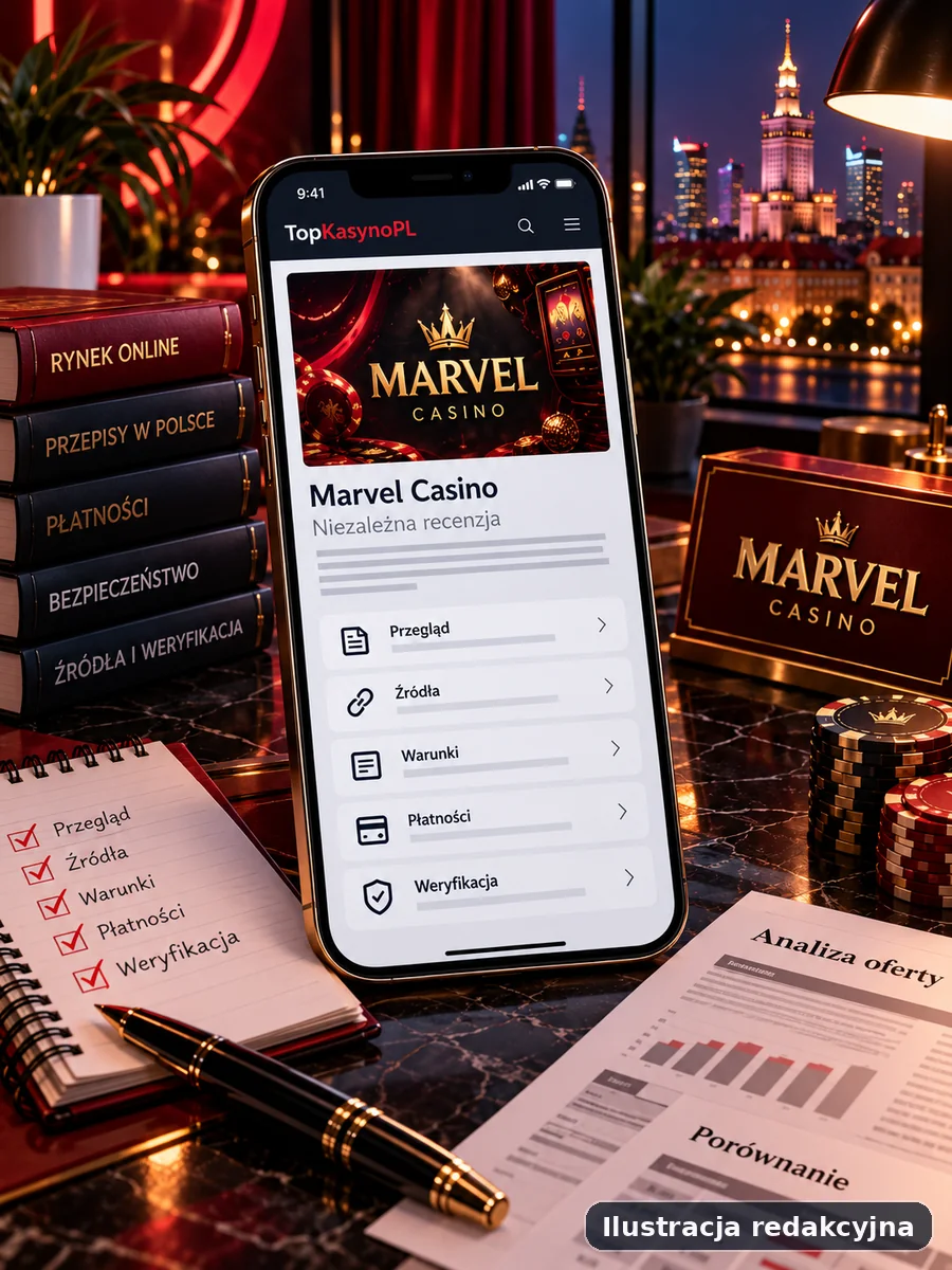 Ilustracja redakcyjna mobilnego widoku dotyczącego marki Marvel Casino na smartfonie, bez użycia prawdziwego zrzutu ekranu.