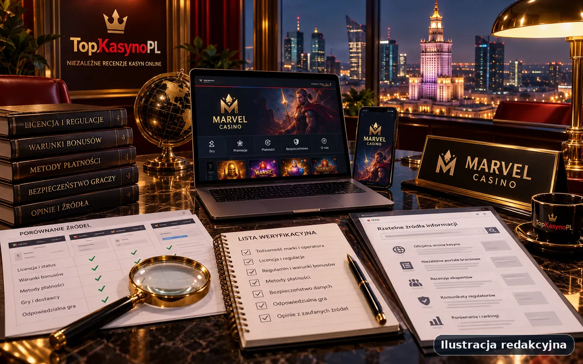 Ilustracja procesu weryfikacji informacji o Marvel Casino z checklistą źródeł, płatności i warunków.