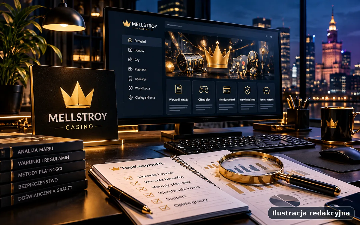 Ilustracja redakcyjna widoku desktop poświęcona marce Mellstroy Casino z neutralnym układem interfejsu i kontekstem analitycznym.