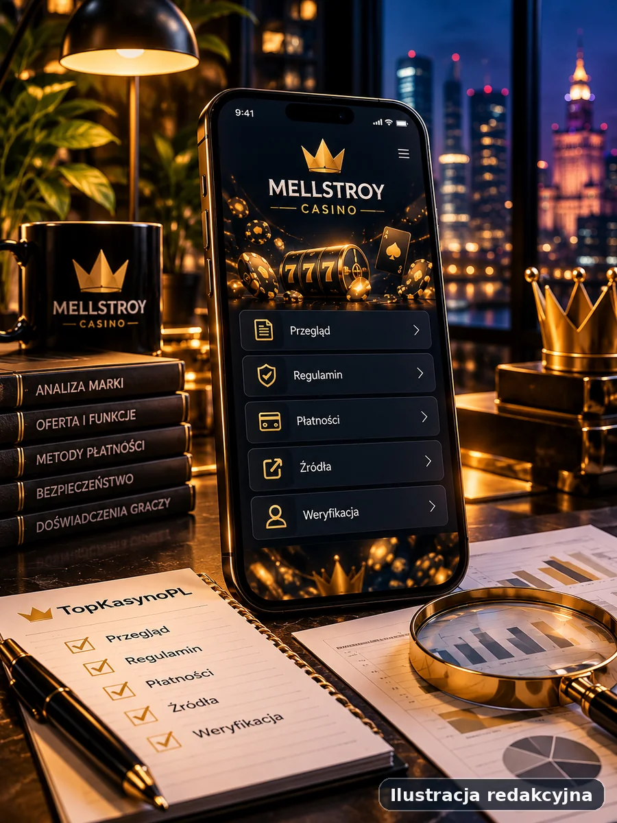 Ilustracja redakcyjna mobilnego widoku dotyczącego marki Mellstroy Casino na smartfonie, bez użycia prawdziwego zrzutu ekranu.