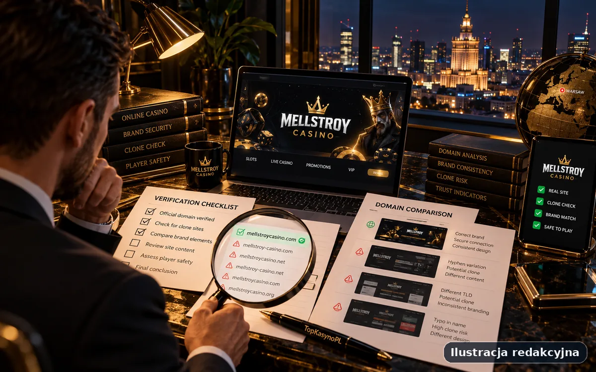 Ilustracja procesu weryfikacji informacji o Mellstroy Casino z checklistą źródeł, płatności i warunków.