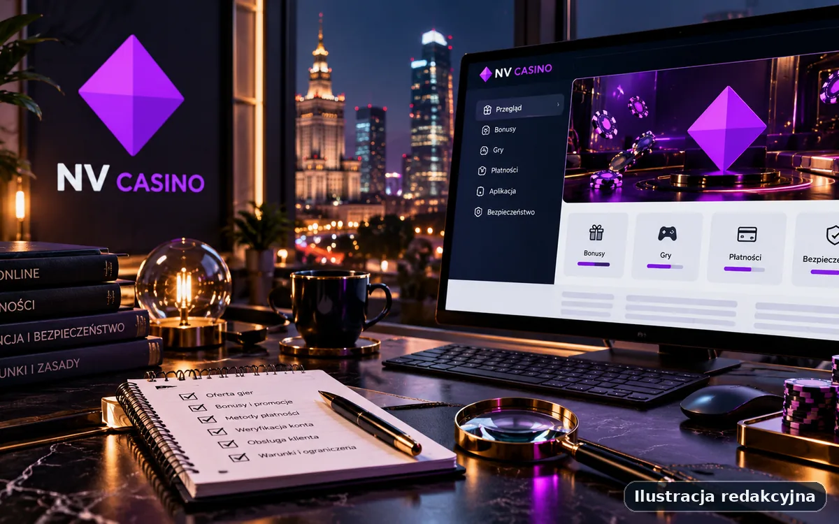Ilustracja redakcyjna widoku desktop poświęcona marce NV Casino z neutralnym układem interfejsu i kontekstem analitycznym.