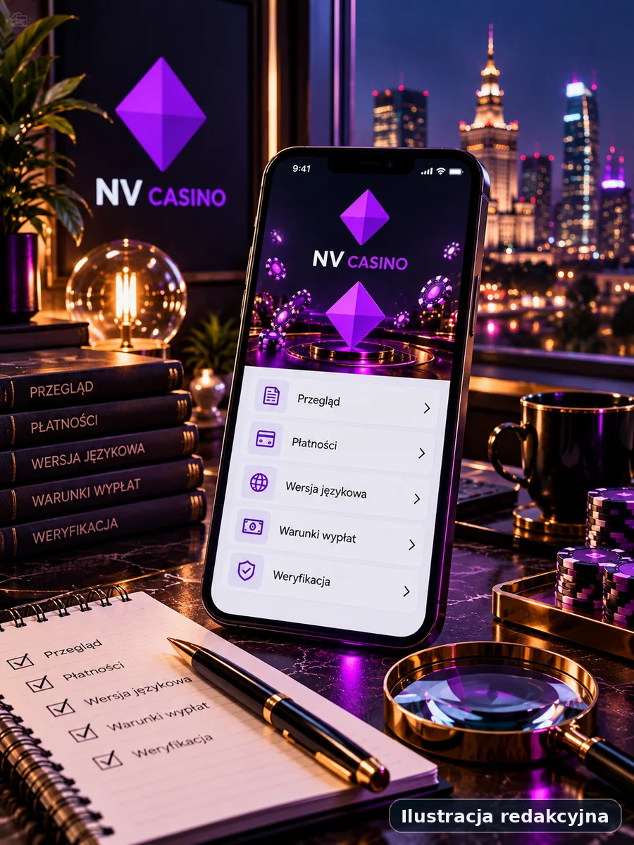 Ilustracja redakcyjna mobilnego widoku dotyczącego marki NV Casino na smartfonie, bez użycia prawdziwego zrzutu ekranu.