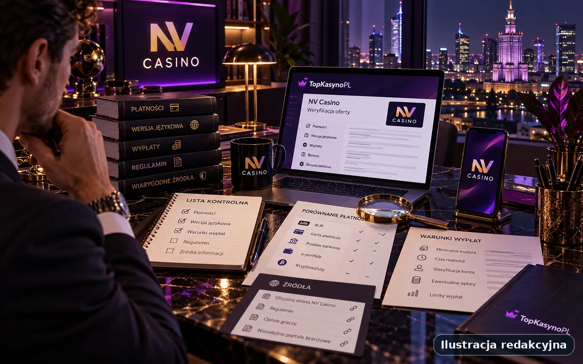 Ilustracja procesu weryfikacji informacji o NV Casino z checklistą źródeł, płatności i warunków.