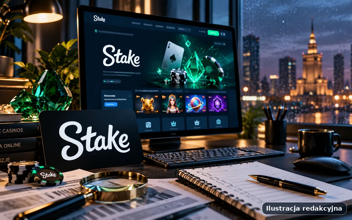 Ilustracja redakcyjna widoku desktop poświęcona marce Stake Casino z neutralnym układem interfejsu i kontekstem analitycznym.