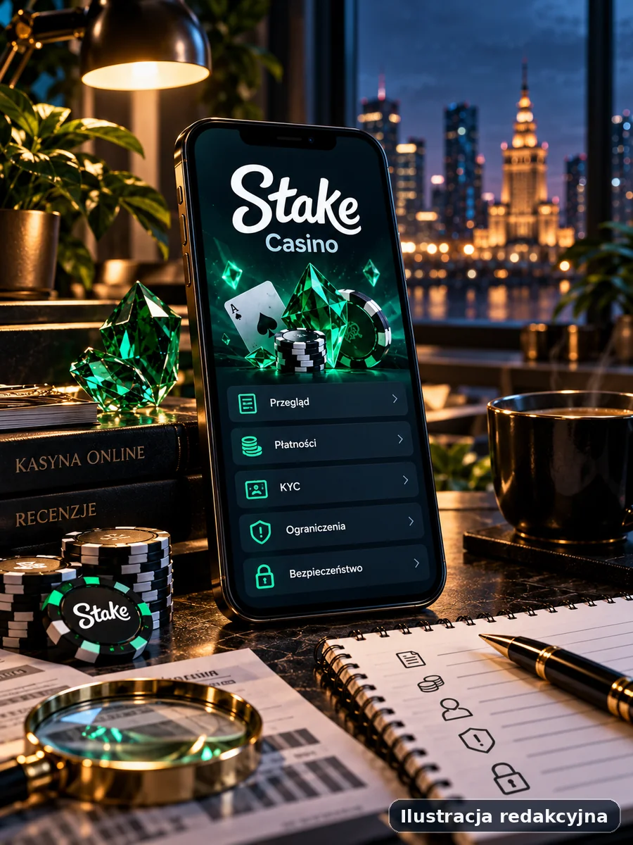 Ilustracja redakcyjna mobilnego widoku dotyczącego marki Stake Casino na smartfonie, bez użycia prawdziwego zrzutu ekranu.