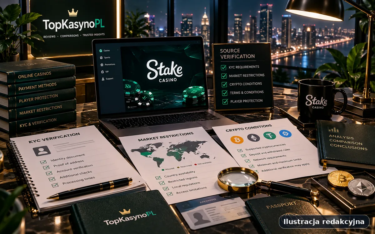 Ilustracja procesu weryfikacji informacji o Stake Casino z checklistą źródeł, płatności i warunków.