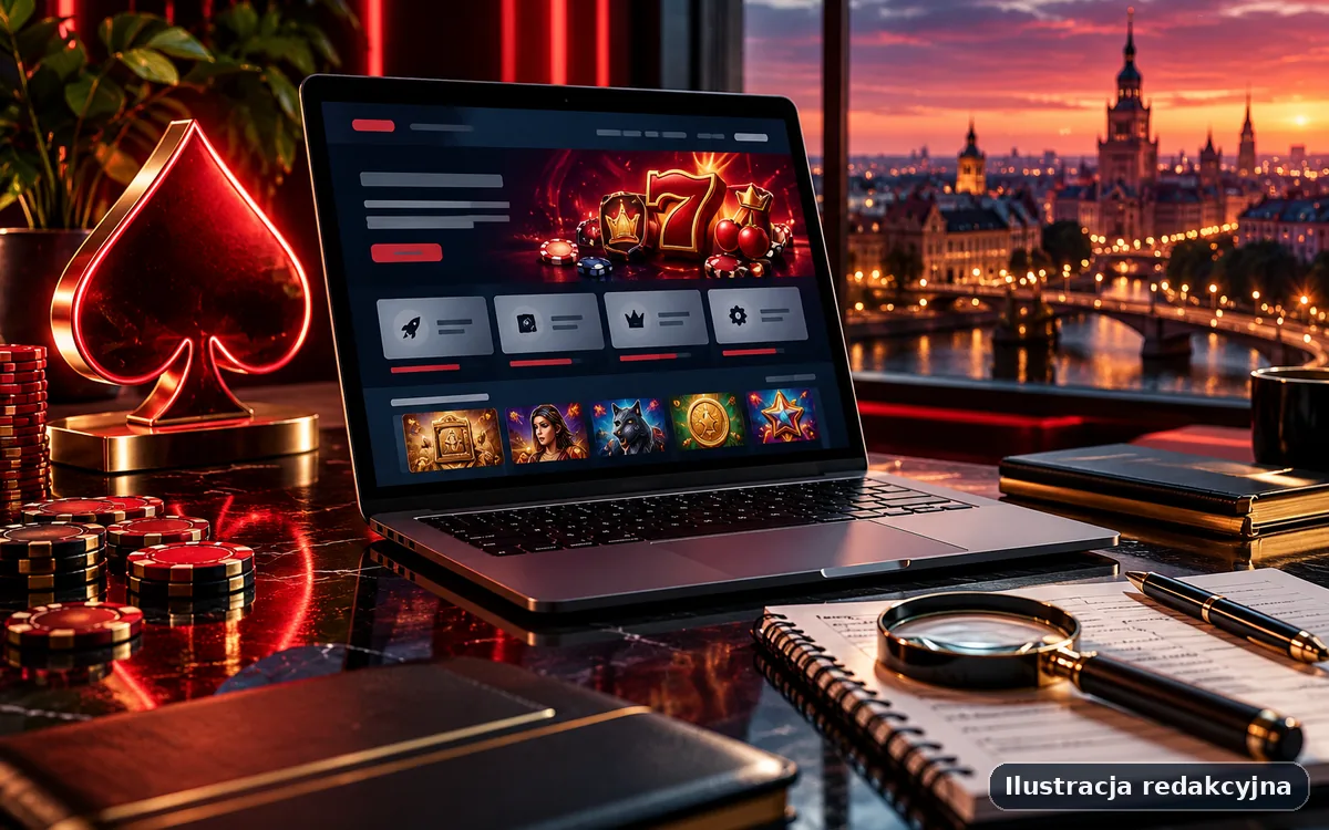 Ilustracja redakcyjna widoku desktop poświęcona marce Vegas Casino z neutralnym układem interfejsu i kontekstem analitycznym.
