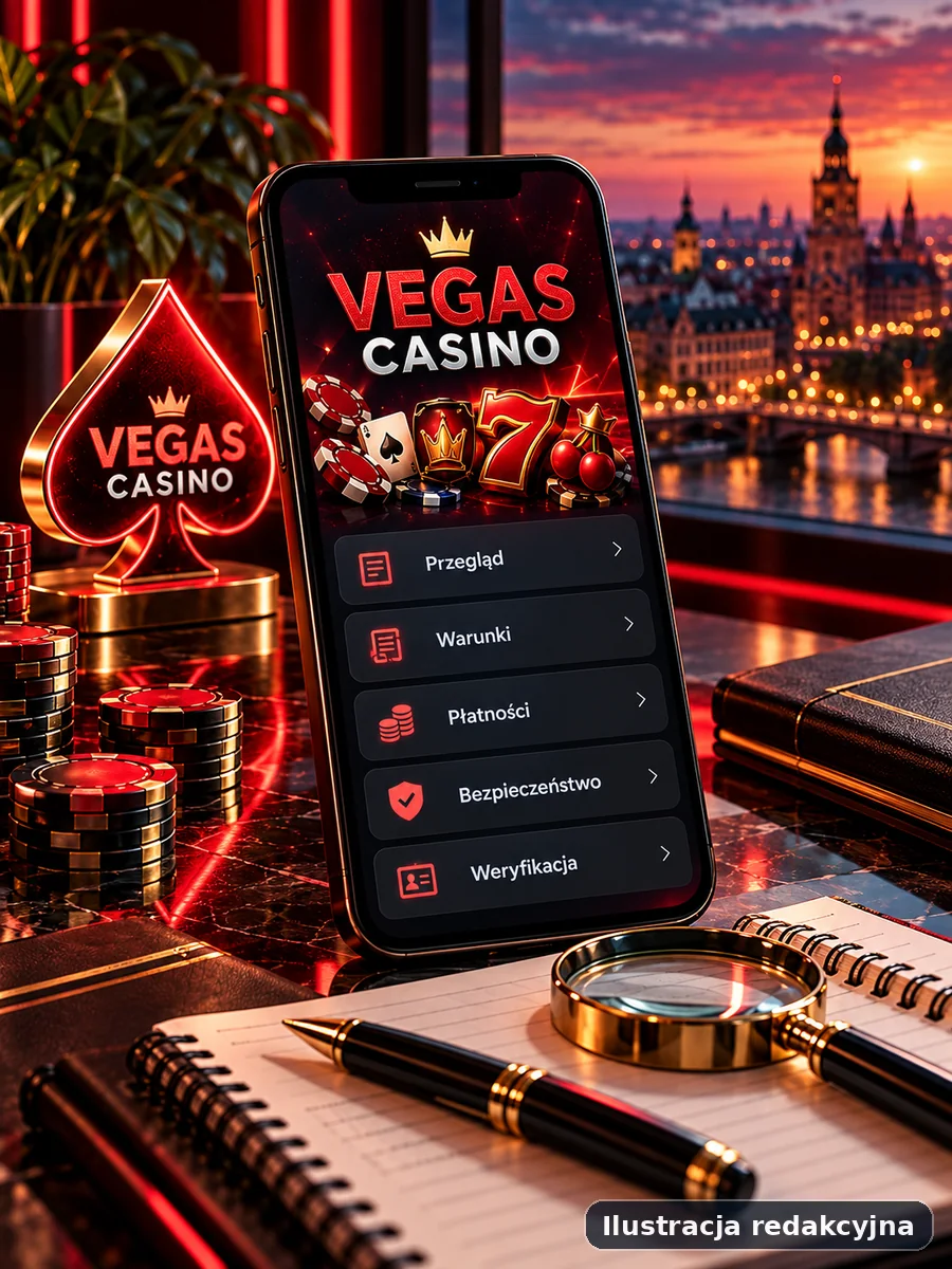 Ilustracja redakcyjna mobilnego widoku dotyczącego marki Vegas Casino na smartfonie, bez użycia prawdziwego zrzutu ekranu.