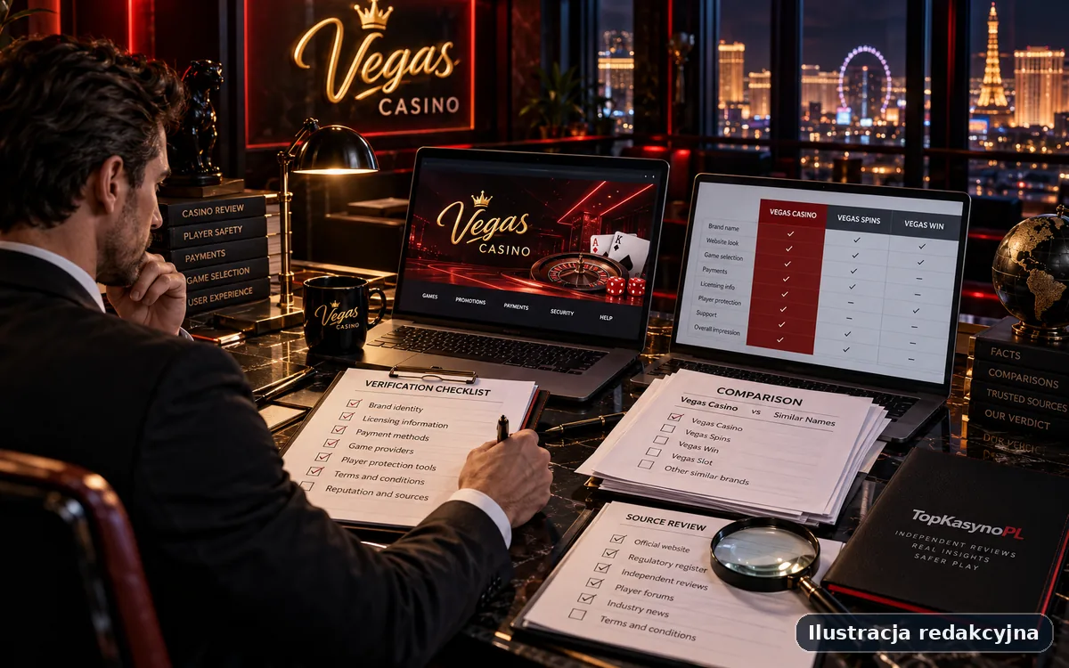 Ilustracja procesu weryfikacji informacji o Vegas Casino z checklistą źródeł, płatności i warunków.