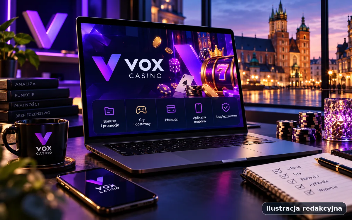 Ilustracja redakcyjna widoku desktop poświęcona marce Vox Casino z neutralnym układem interfejsu i kontekstem analitycznym.
