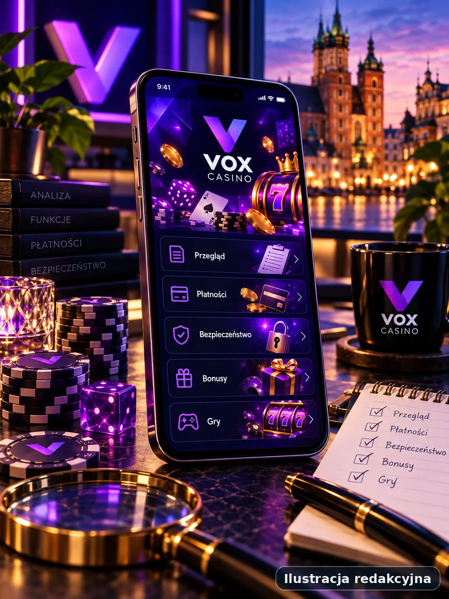 Ilustracja redakcyjna mobilnego widoku dotyczącego marki Vox Casino na smartfonie, bez użycia prawdziwego zrzutu ekranu.