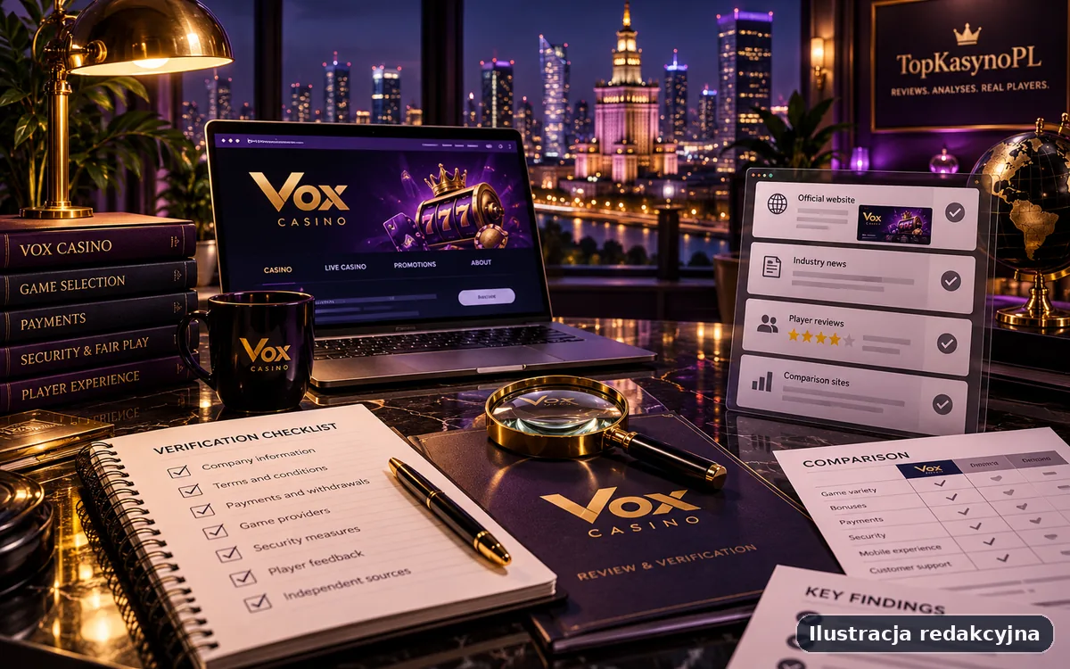 Ilustracja procesu weryfikacji informacji o Vox Casino z checklistą źródeł, płatności i warunków.