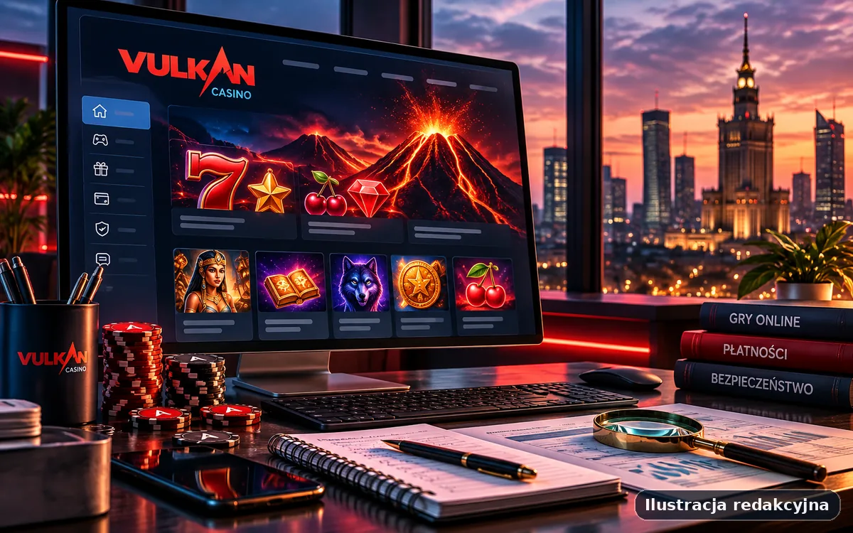 Ilustracja redakcyjna widoku desktop poświęcona marce Vulkan Casino z neutralnym układem interfejsu i kontekstem analitycznym.