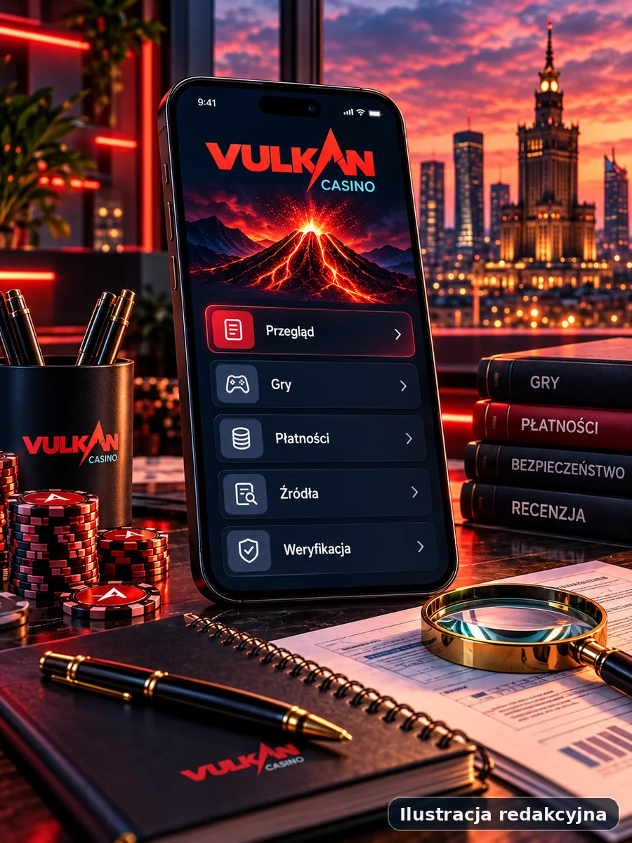 Ilustracja redakcyjna mobilnego widoku dotyczącego marki Vulkan Casino na smartfonie, bez użycia prawdziwego zrzutu ekranu.