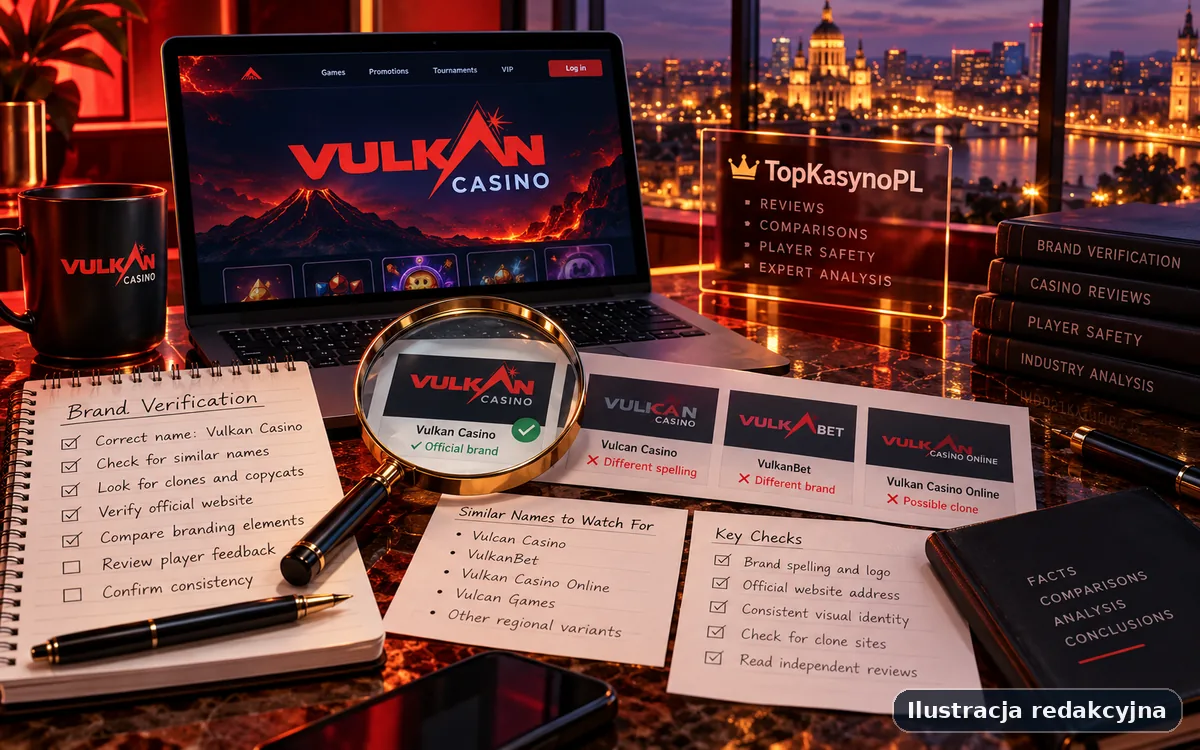 Ilustracja procesu weryfikacji informacji o Vulkan Casino z checklistą źródeł, płatności i warunków.